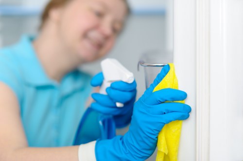 Cleaner using safe lifting technique while moving cleaning supplies